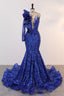Royal Blue Mermaid One Sleeve Prom Dresses Sequined Lace Jewel Ruffles Prom Prom Dress with Appliques
