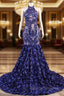Royal Blue Mermaid Prom Dress Sequined Lace Flowers Halter Neck Backless Long Gowns