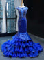 Royal Blue Mermaid Satin Tulle Backless Beading Prom Dress