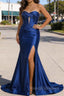 Royal Blue Mermaid Sweetheart Corset Prom Dresses Long with Slit