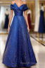 Royal Blue Off The Shoulder V-Neck Long Prom Dress Evening Dress,