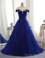 Royal Blue Prom Dress Luxury Tulle Beaded Bow Gown