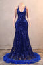 Royal Blue Prom Dresses Sequin Mermaid Long Prom Dresses Floor Length Sleeveless Spaghetti Strap with Feather