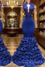 Royal Blue Robe De Soiree Mermaid Long Sleeves Flowers Lace Beaded Long Prom Dress Prom Gown Prom Dress