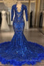 Royal Blue Robe De Soiree Mermaid V-Neck Long Sleeves Appliques Feather Long Prom Dresses Prom Gown Evening Dresses