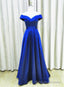 Royal Blue Satin A Line Simple Off Shoulder Prom Dress, Blue Bridesmaid Dress
