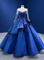 Royal Blue Satin Long Sleeve Appliques Beading Prom Dress