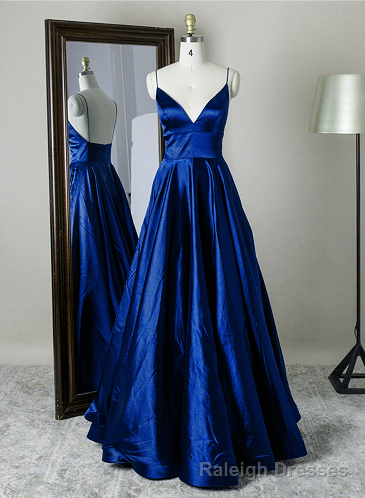 Royal Blue Satin Straps V-neckline Long Formal Dress, Royal Blue Prom
