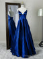 Royal Blue Satin Straps V Neckline Long Formal Dress, Royal Blue Prom Dress