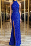 Royal Blue Sequin Halter Long Formal Dress with Slit Prom Dresses