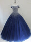 Blue Sparkle Off Shoulder Ball Prom Dresses Handmade Beaded Prom Dresses