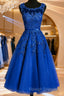 Royal Blue Tulle Tea Length Applique Round Neckline Formal Dress, Blue Wedding Party Dress