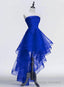 Royal Blue Tulle with Lace Applique High Low Prom Dress, Blue Homecoming Dress