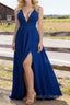 Royal Blue V Neck Chiffon Floor Length Bridesmaid Dress Long Bridesmaid Dresses With Pleated Split