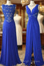 Royal Blue V Neck Chiffon Lace Long Prom Dresseses