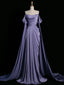 Royal Purple A-Line Off Shoulder Satin Prom Dresses Long Prom Dresses