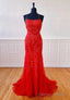 Red Lace Long Prom Dresses, Mermaid Prom Dresses