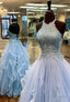 Blue Tulle Long A Line Prom Dresses, Lace Prom Dresses