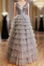 Ruffles Tulle V Neck Gray Sequin Long Prom Dress