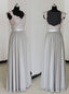 Elegant A Line Chiffon Silver Long Bridesmaid Dress with Lace Appliques