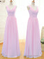 Simple A Line V Neck Floor Length Pink Chiffon Bridesmaid Dress