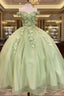 Sage Ball Gown 3D Flowers Off The Shoulder Dress