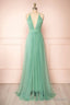 Sage Green V Neck Tulle Long Prom Dress, Simple Backless Prom Dress