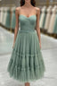 Sage Tiered Tulle Tea Length Corset Dress