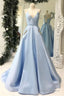Satin A-Line Beading Spaghetti Straps Sky Blue Pockets Prom Dresses