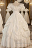 Satin Ball Gown Puffy Sleeves White V-Neck Wedding Dress