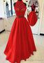 Satin Prom Dress A Line High-Neck Long Dress Floor Length With Lace