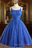 Scoop Neckline Royal Blue Party Dress, A-Line Spaghetti Strap Short Evening Dress