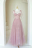 Scoop Neckline Tulle Pink Long Prom Dress, Cute A Line Prom Prom Dress