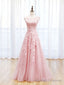 Scoop Neckline Tulle Pink Long Prom Dress, Pink Backless Prom Dresses