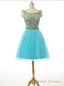 Scoop Top Beaded Blue Knee Length Cocktail Dresses