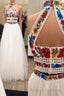 Two Piece High Neck Long Prom Dress with Appliques, Unique Sleeveless Party Dress