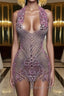 Sequined Mermaid Halter Jersey Beading Sleeveless Mini Rhinestone Prom Dresses With Feather