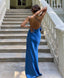 A-Line Backless Royal Blue Satin Prom Dress