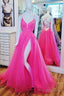 A-Line Hot Pink Tulle Long Dresses With Lace Up Back Long Prom Dresses