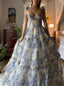 A-Line Long Blue Floral Prom Dresses Blue And White Prom Dress