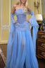 A-Line Off The Shoulder Maxi Long Prom Light Blue Chiffon Prom Dress Prom Dresses