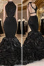 Sexy Black Backless Mermaid Ruffles Tiered African Long Lace Prom Dresses