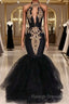 Black Halter Mermaid Prom Dress Long Keyhole Lace Gold Shiny Applique Beaded Floor Length Prom Gowns