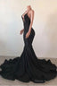 Black Mermaid Halter Backless Prom Dresses With Lace Top