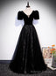 Sexy Black Tulle Sequins V Neck Short Sleeve Prom Dress