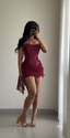 Burgundy Strapless Lace Sheath Short Cocktail Dresses Homecoming Dresses