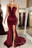 Sexy Burgundy Velvet Wedding Guest Dress V Neck Mermaid Prom Dresses