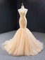 Sexy Champagne Mermaid Tulle Appliques V Neck Prom Dress