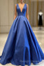 Deep V-Neck Long Satin Bow Back Prom Dress Floor Length Prom Gowns