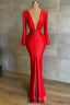 Sexy Deep V Neck Red Long Sleeves Prom Dress Mermaid